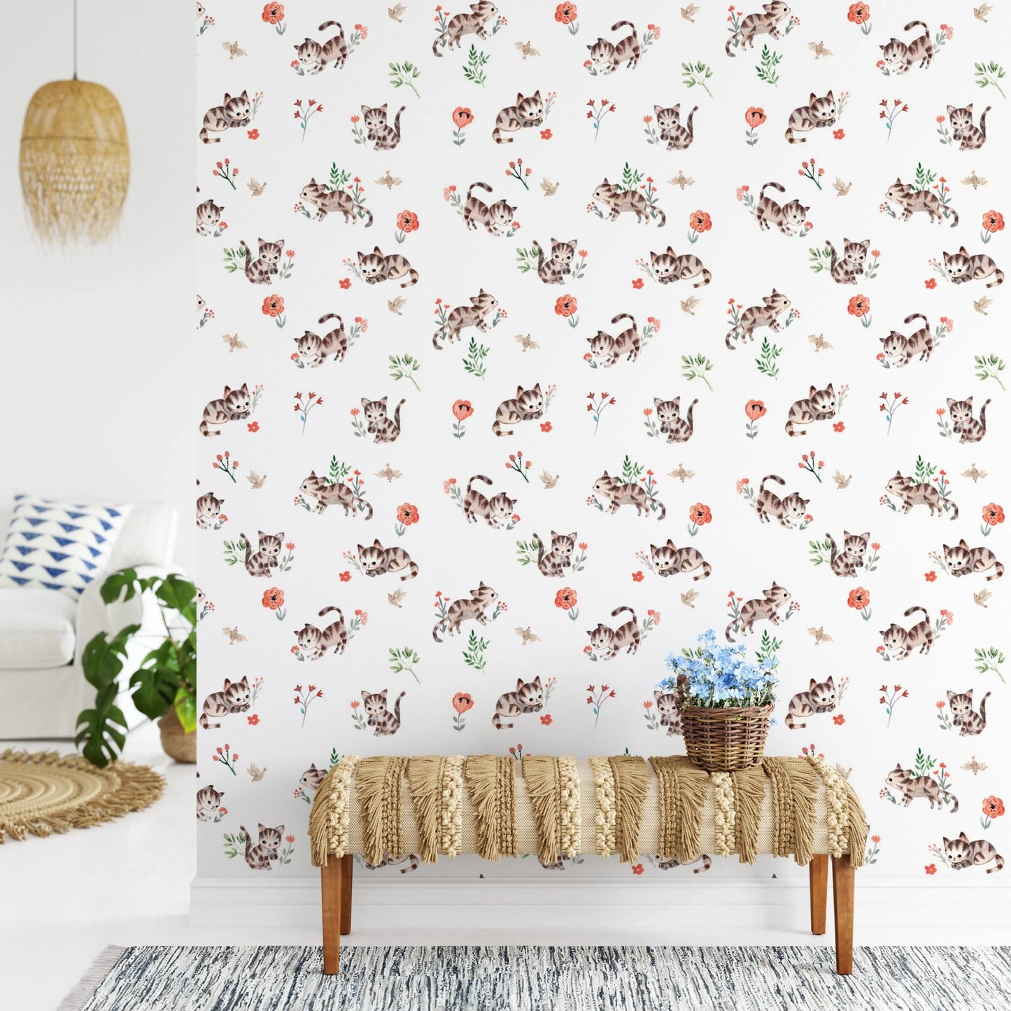 Playful kitten illustration wallpaper for nursery decor