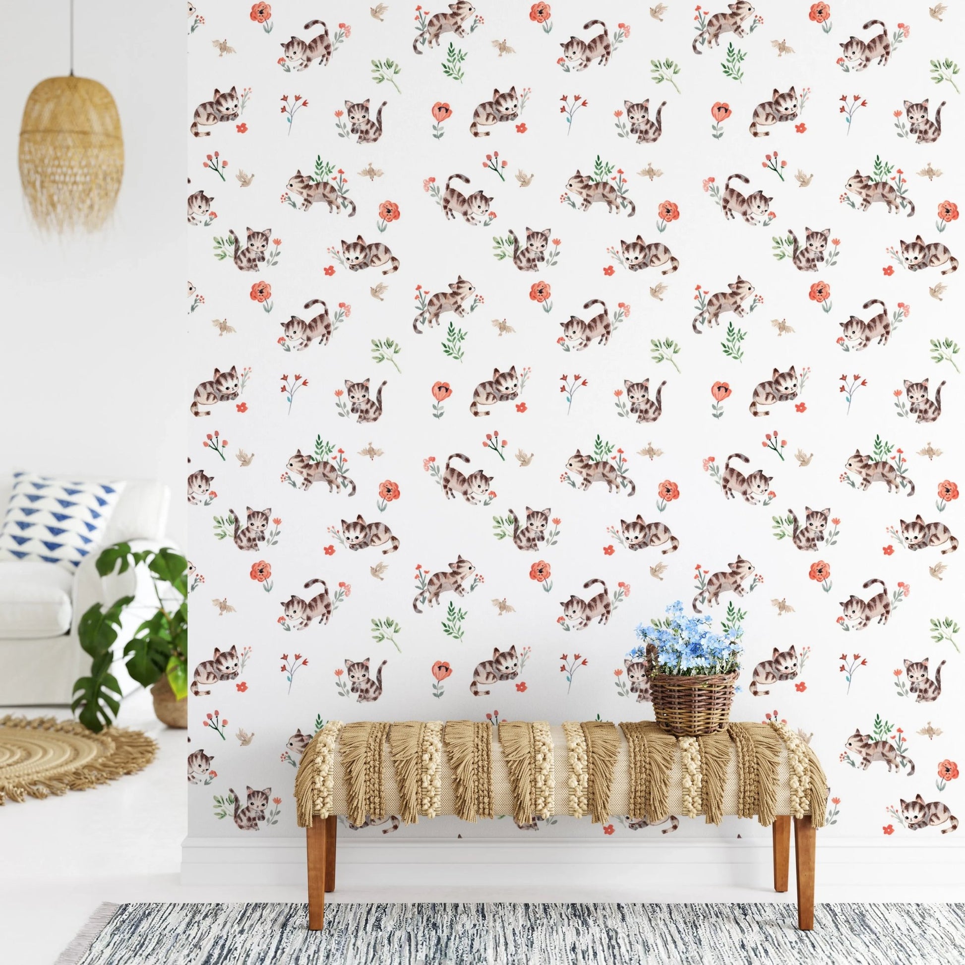 Playful kitten illustration wallpaper for nursery decor