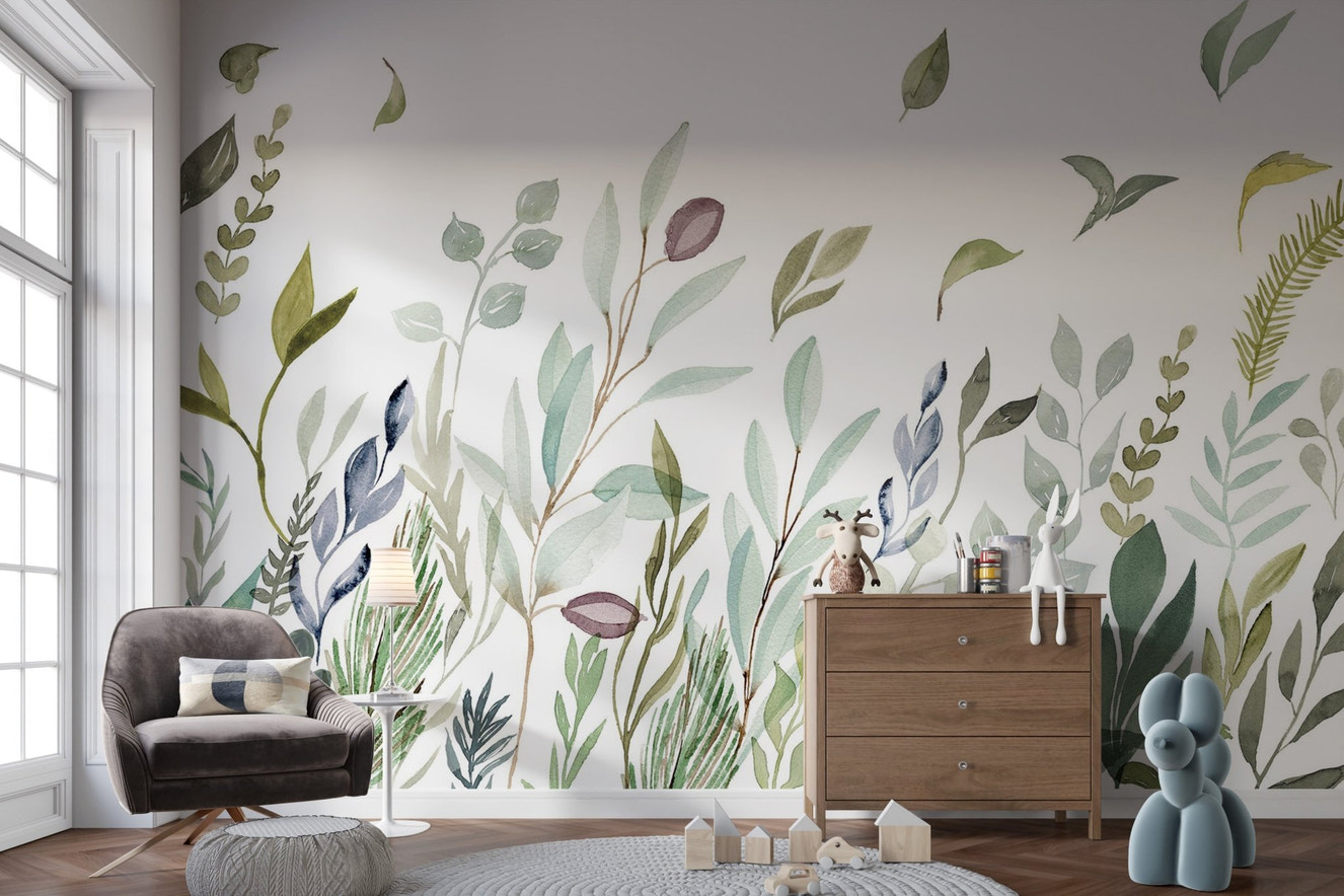 Watercolor Leaves Wall Mural - Wallanza