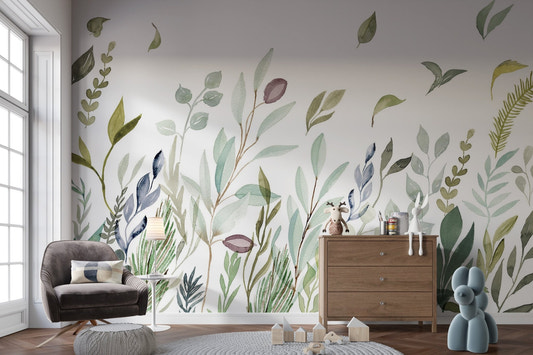 Watercolor leaves wall mural with sage and emerald green foliage.