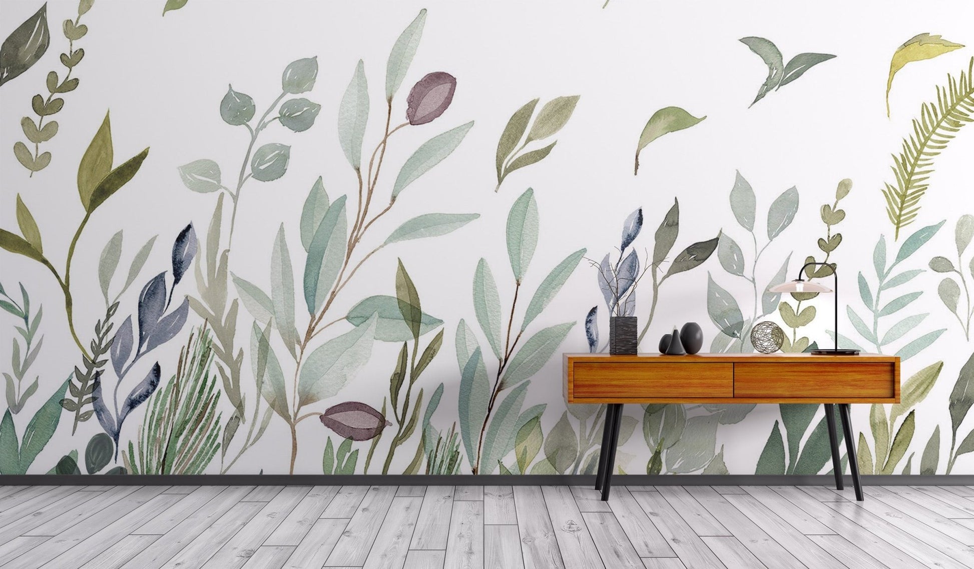 Watercolor Leaves Wall Mural - Wallanza