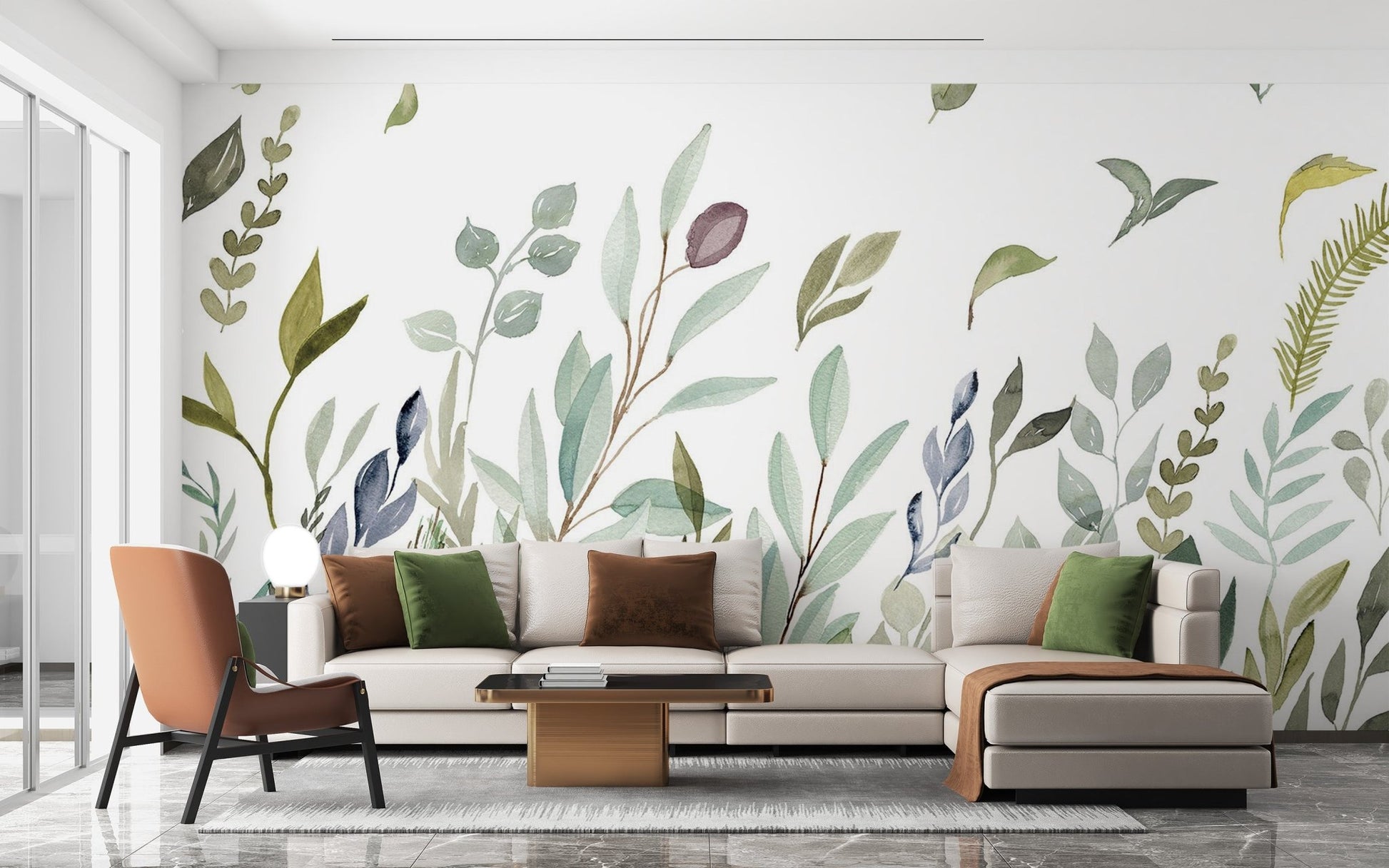Watercolor Leaves Wall Mural - Wallanza