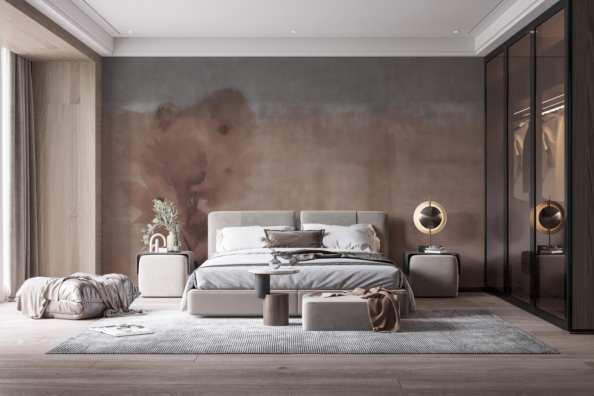 Spacious bedroom with beige watercolor wall mural and dark wardrobe.