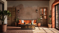 Terracotta floor living area with beige watercolor wall mural and orange sofa.