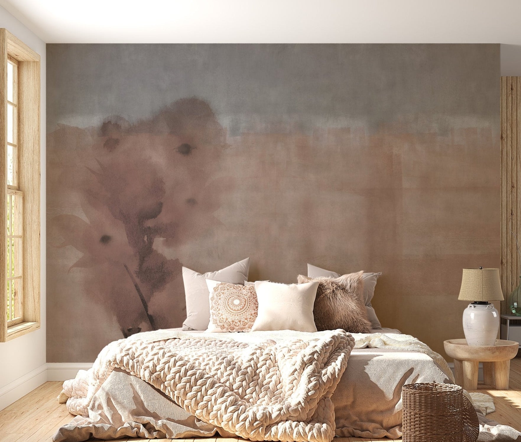 Watercolor light beige shade wall mural in a sunlit bedroom with wooden accents.