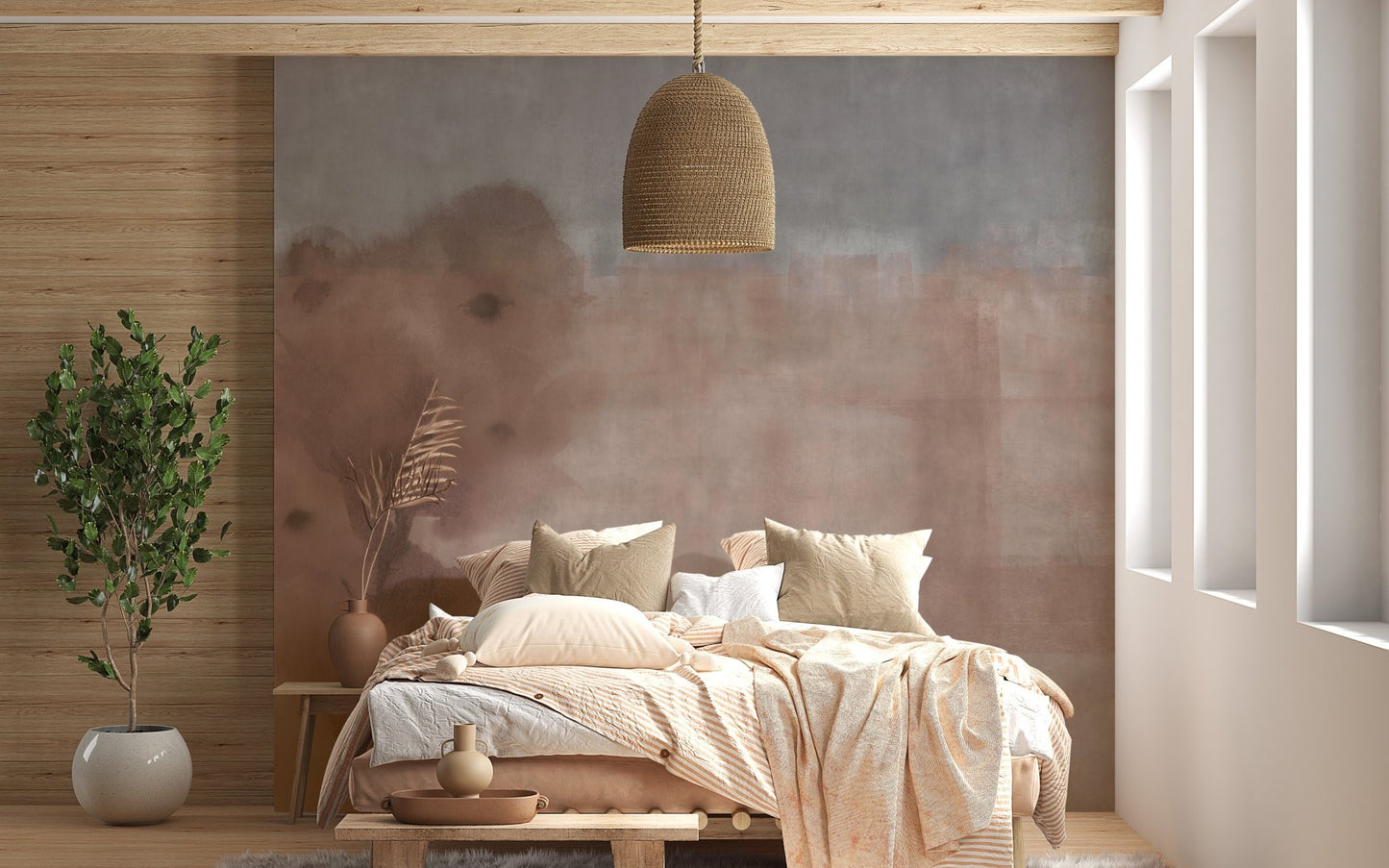 Cozy bedroom setup featuring light beige wall mural and hanging lamp.