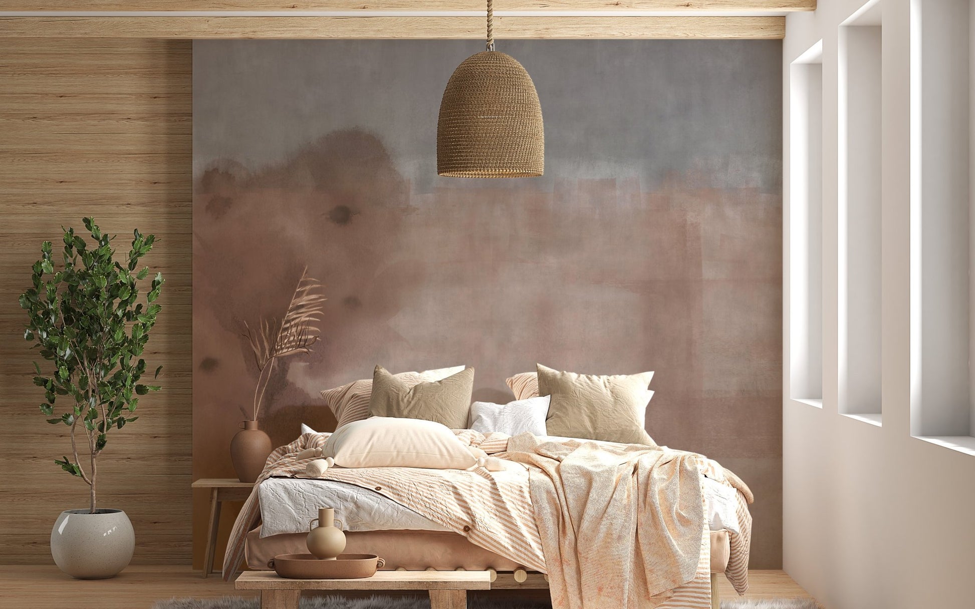 Cozy bedroom setup featuring light beige wall mural and hanging lamp.