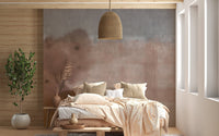 Cozy bedroom setup featuring light beige wall mural and hanging lamp.