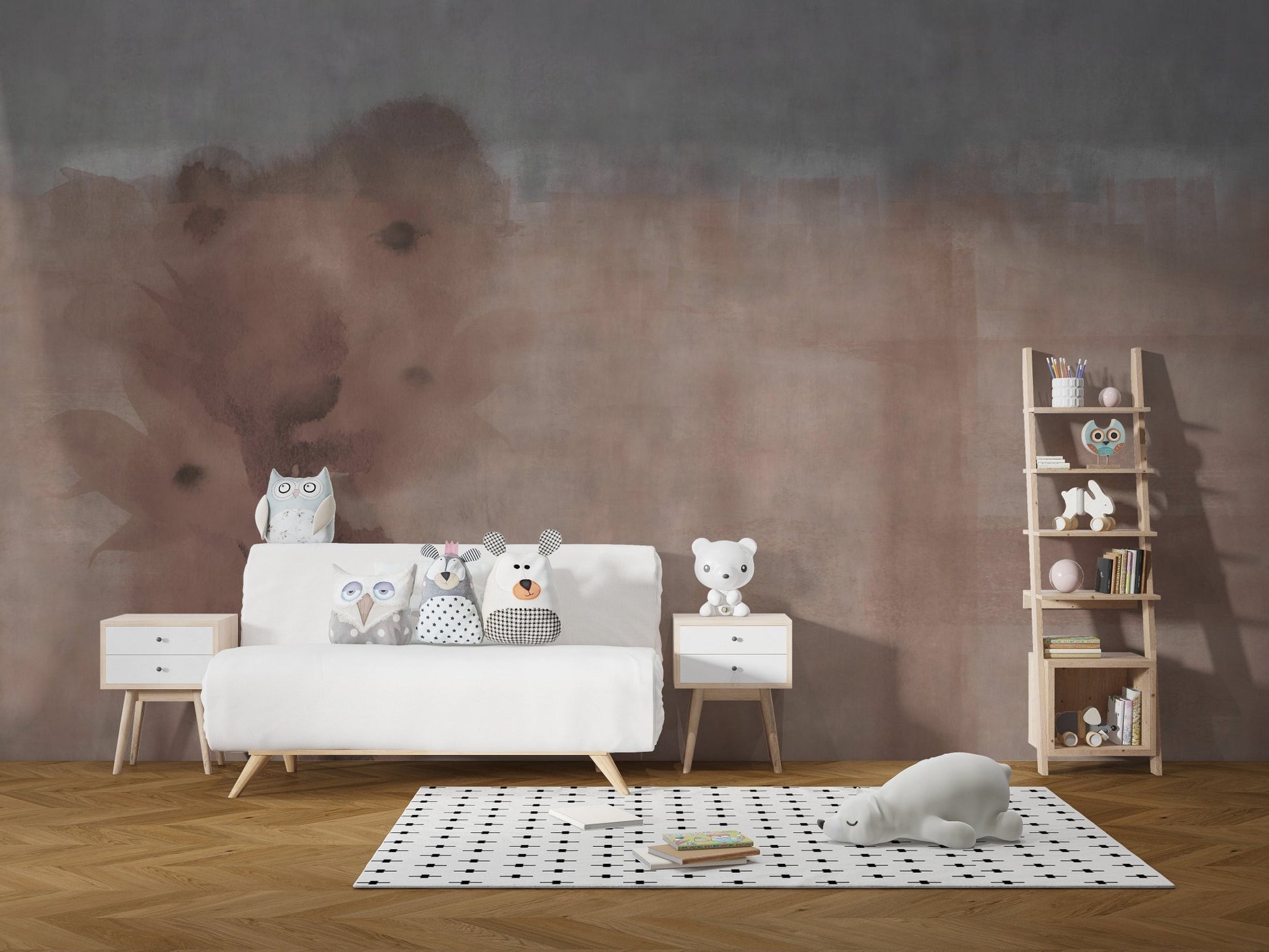 Small living space with watercolor beige wall mural and compact white furniture.