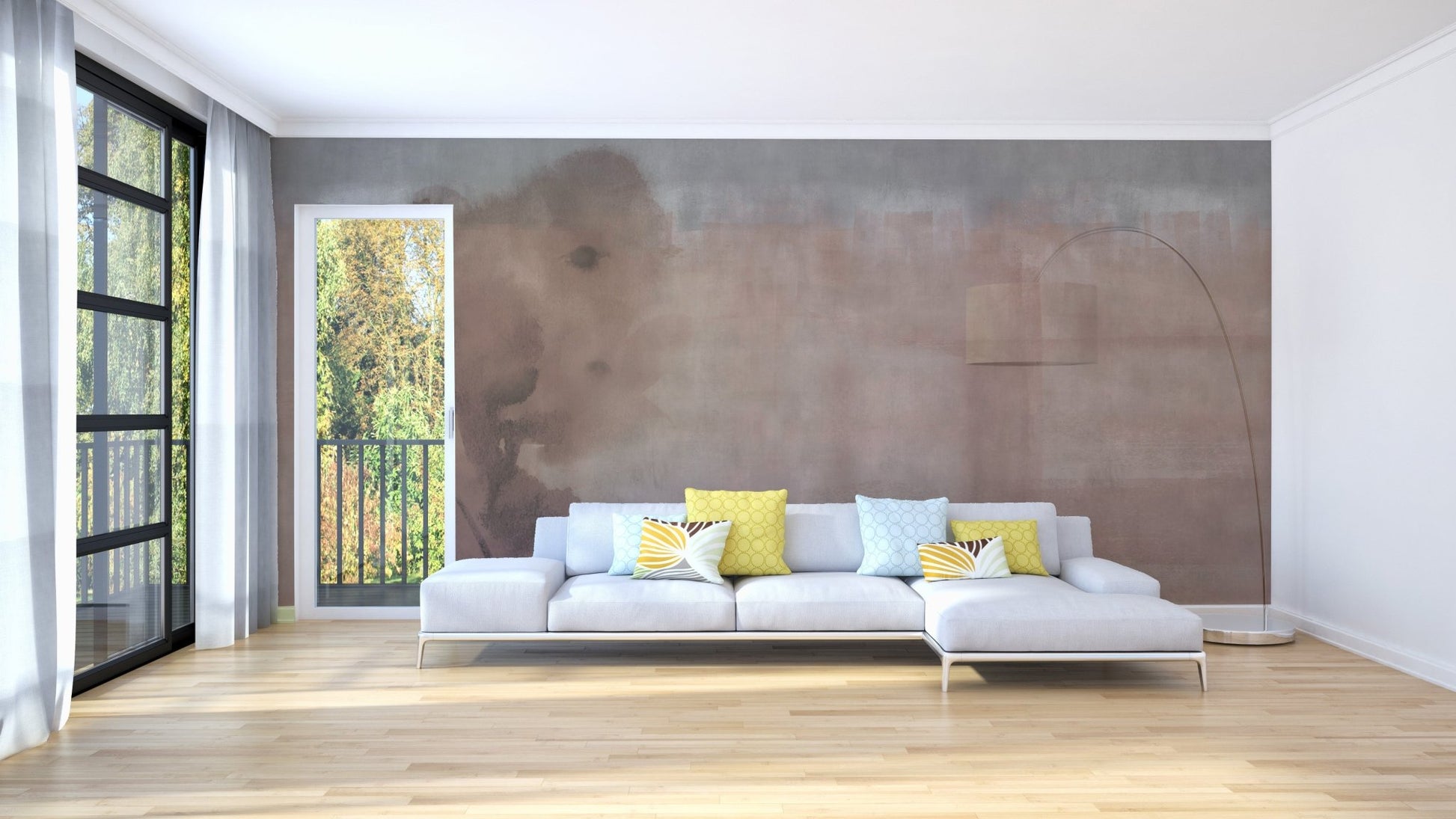 Large living room with light beige watercolor wall mural behind a white sofa.