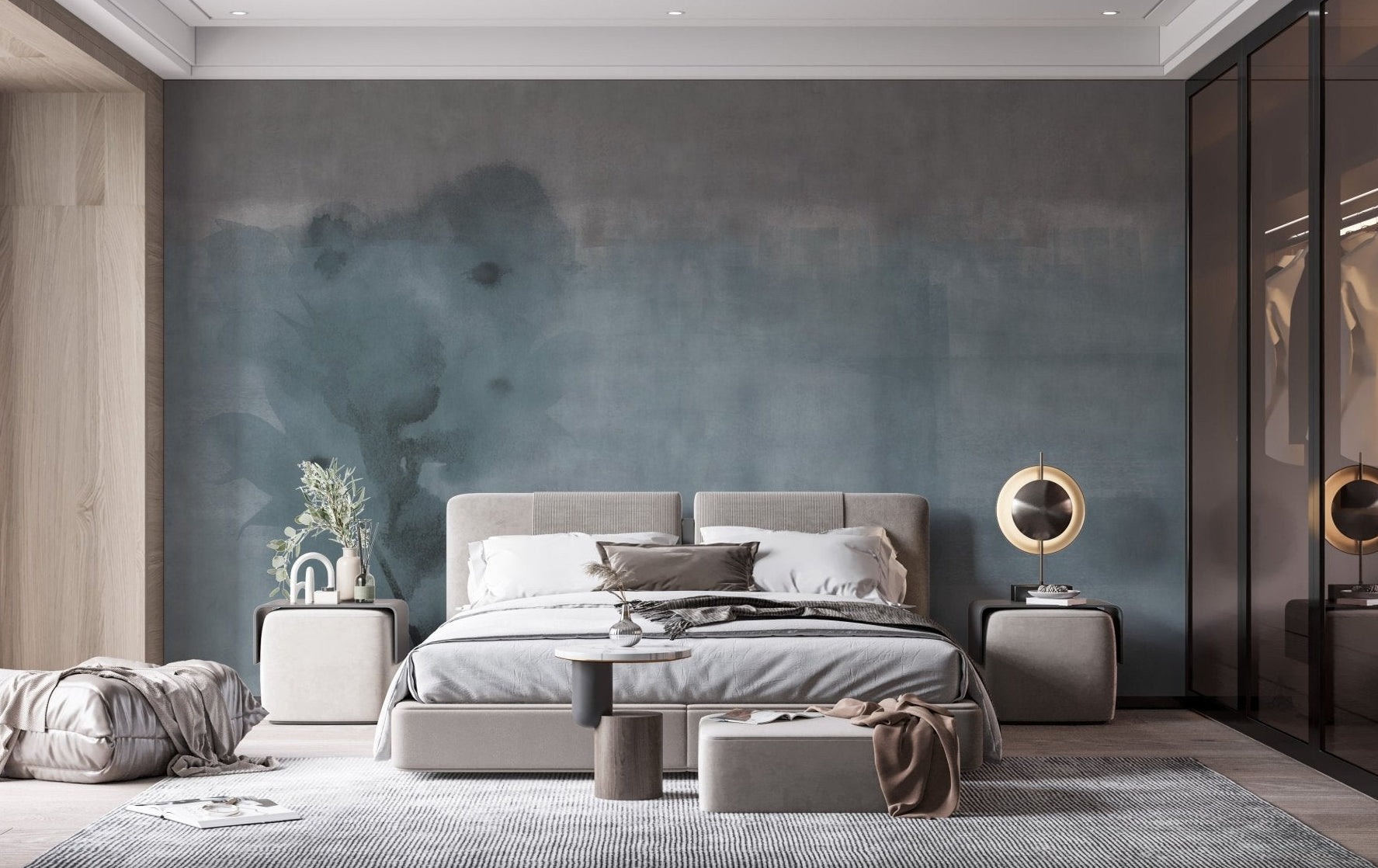 Master bedroom interior with a grey and blue watercolor wall mural
