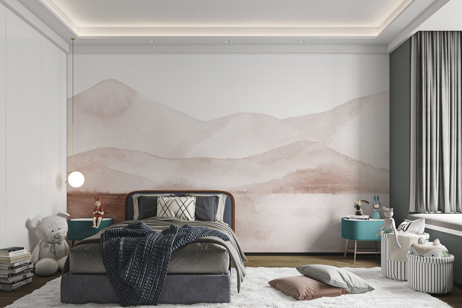 Pink and grey watercolor mountain wall mural in a bedroom