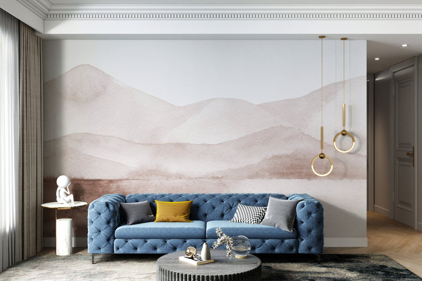 Watercolor wall mural showcasing simplistic mountain views in living space