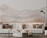 Abstract mountain wall mural in a bright living area.