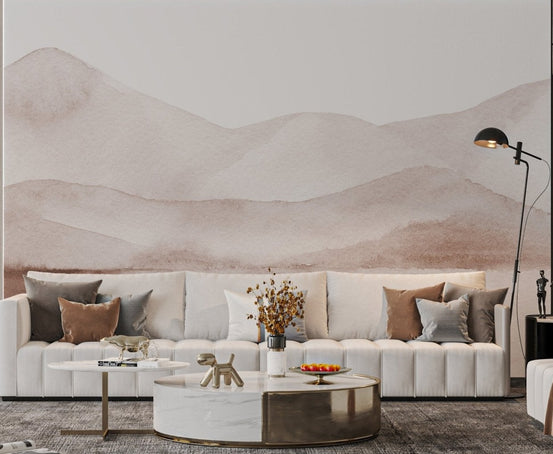 Abstract mountain wall mural in a bright living area.