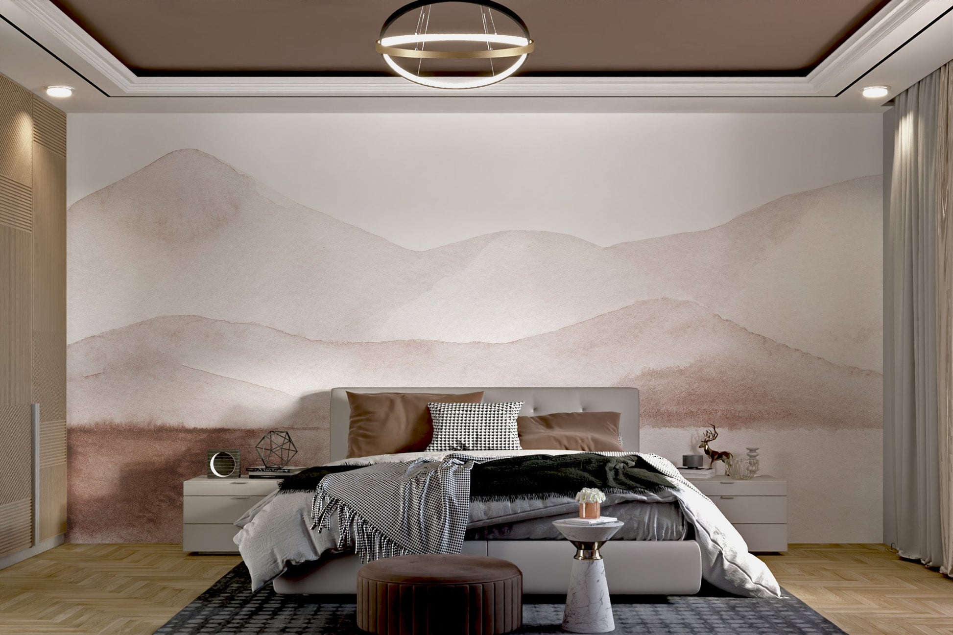 Soft earthy tone mountain wall mural in large bedroom.