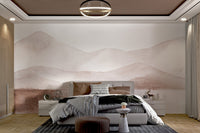 Soft earthy tone mountain wall mural in large bedroom.