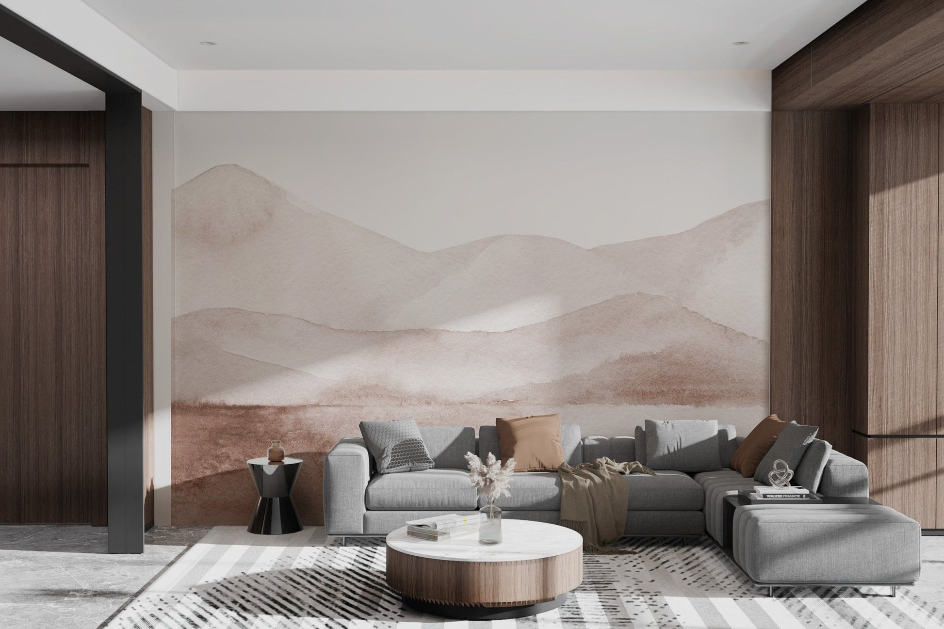 Minimalist mountain wall mural in a luxury living room.