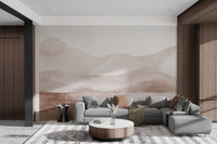 Minimalist mountain wall mural in a luxury living room.