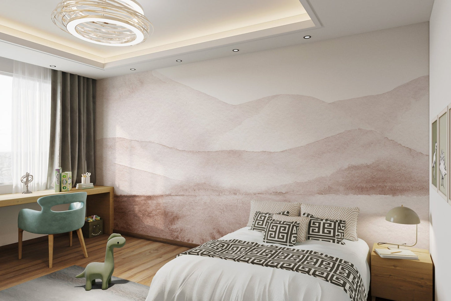 Watercolor minimalist painting mountains mural in a modern bedroom. 