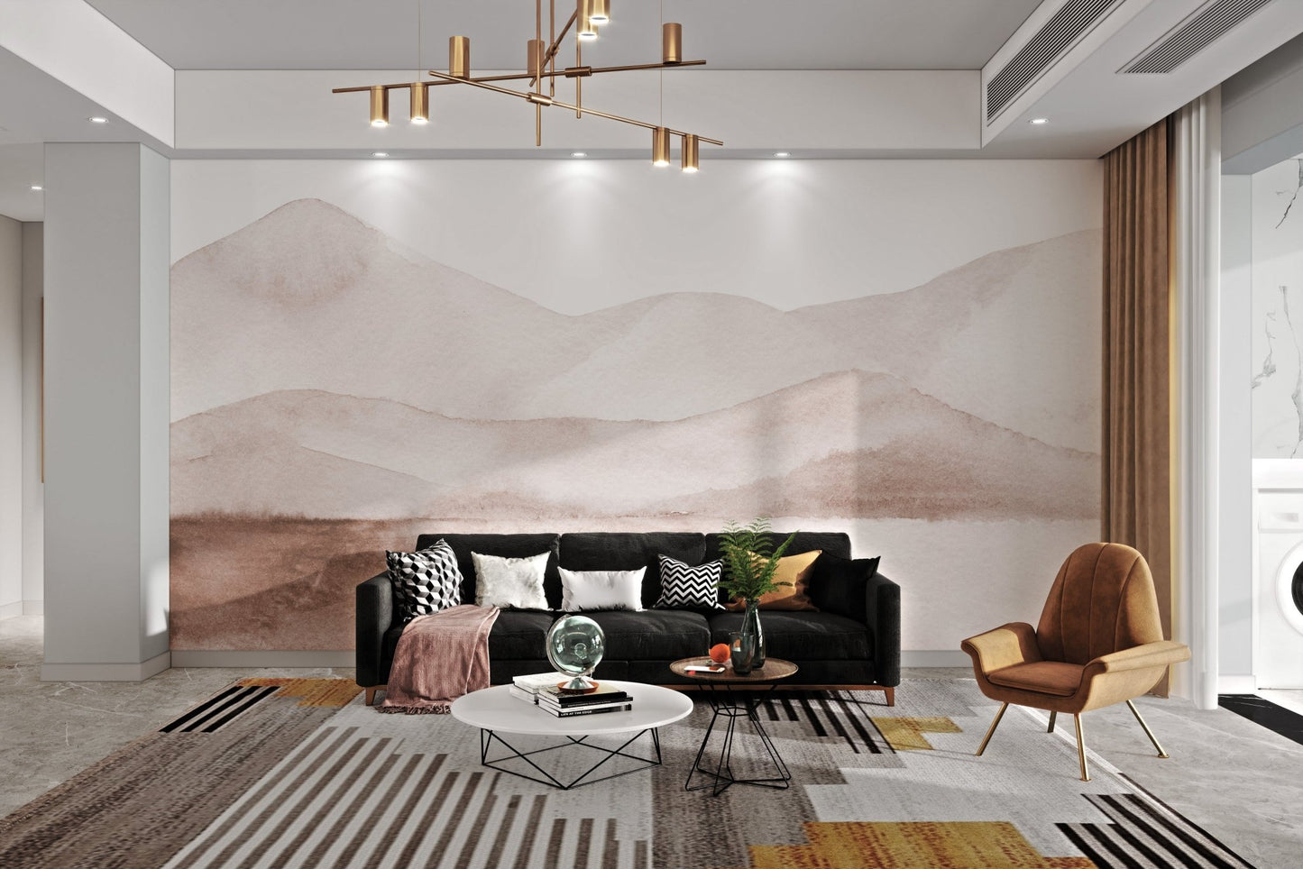 Watercolor minimalist painting mountains wall mural in living room.