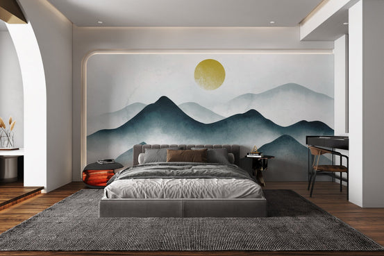 Minimalist ink-wash style mountain range wall mural in soothing blue tones.