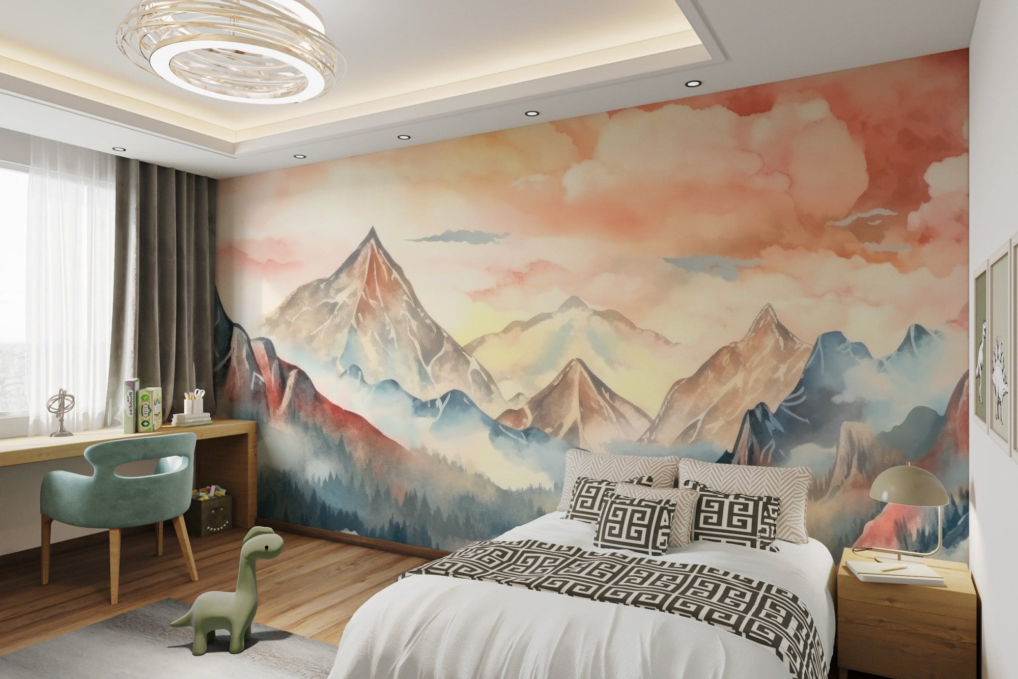 Watercolor misty mountain wallpaper featuring soft peach clouds and blue peaks.