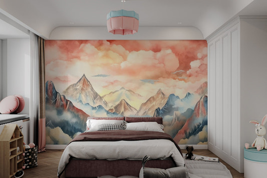 Serene mountain wall mural with layered watercolor hills and misty valleys.