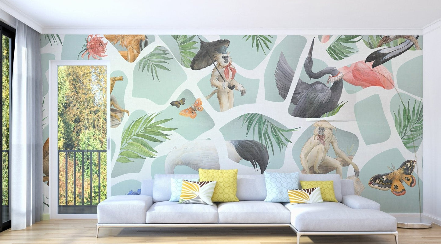 Watercolor Monkey and Birds Wall Mural in modern living room.