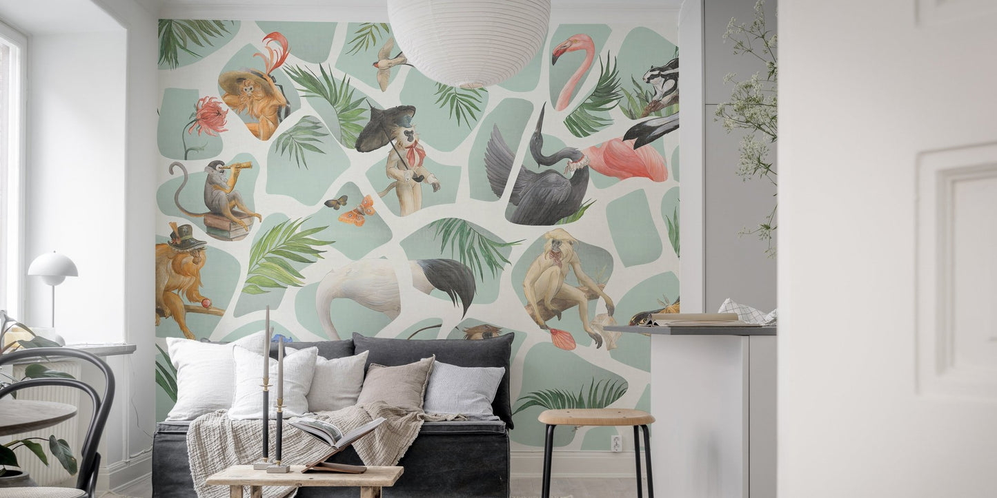 Artistic Watercolor Monkey and Birds Wall mural in simple living space.