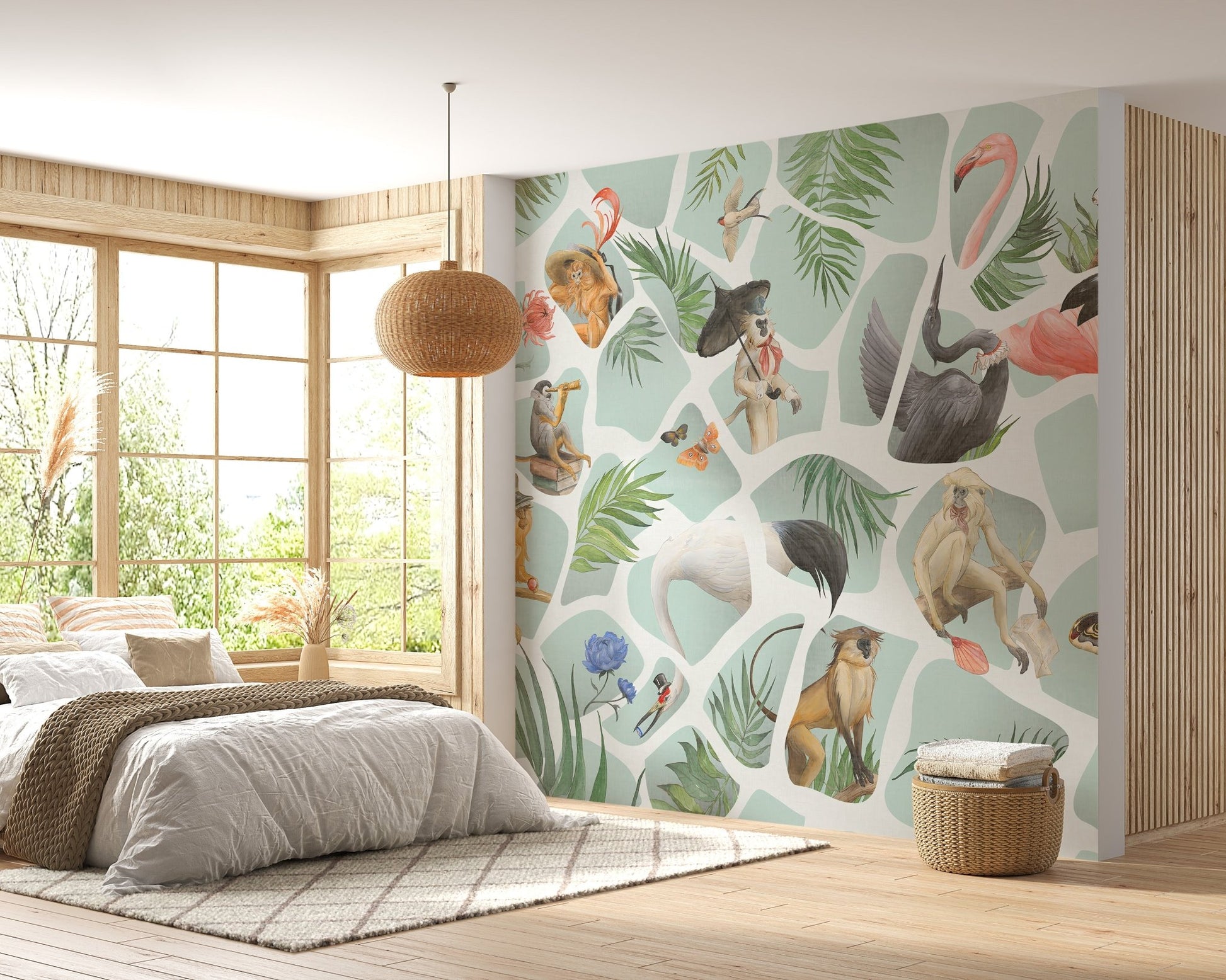 Jungle Adventure Watercolor Monkey and Birds Wall mural bedroom.
