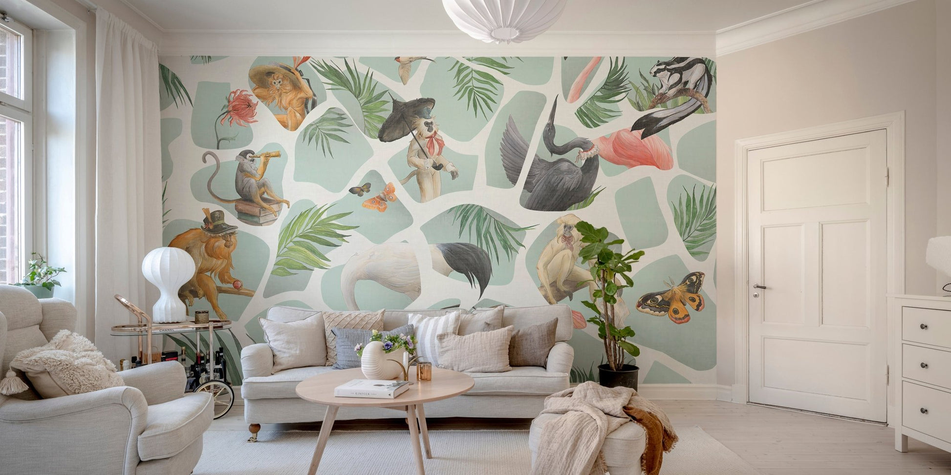 Jungle-Themed Watercolor Monkey and Birds Mural in minimalist living area.