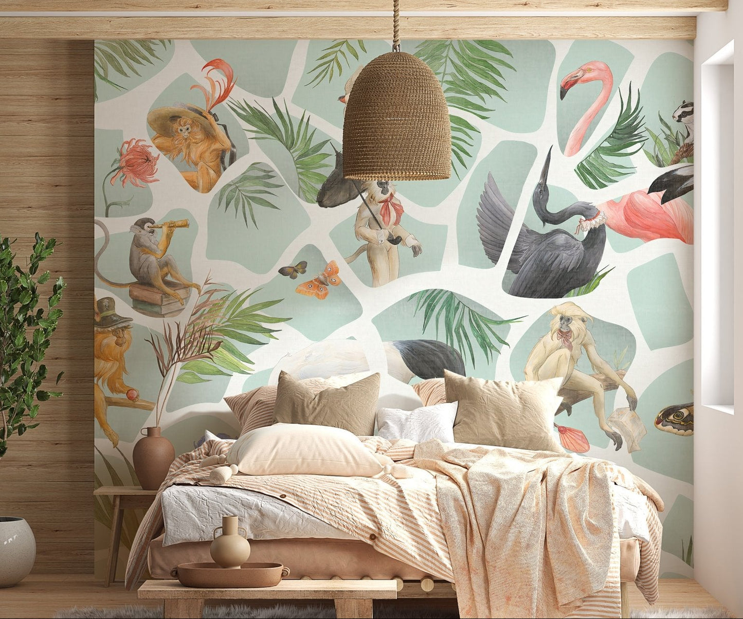 Tropical Watercolor Monkey and Birds Wall Mural in sunlit bedroom.