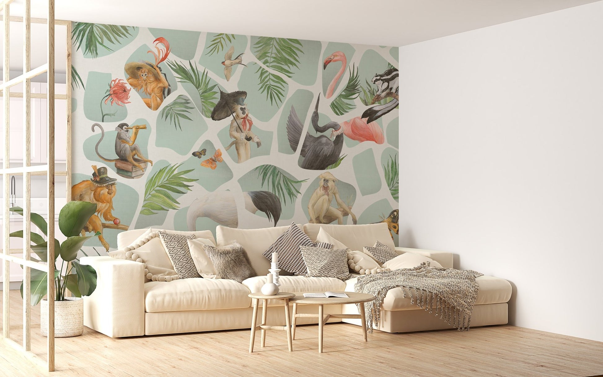 Custom Watercolor Monkey and Birds Wall Mural in bright living room interior.