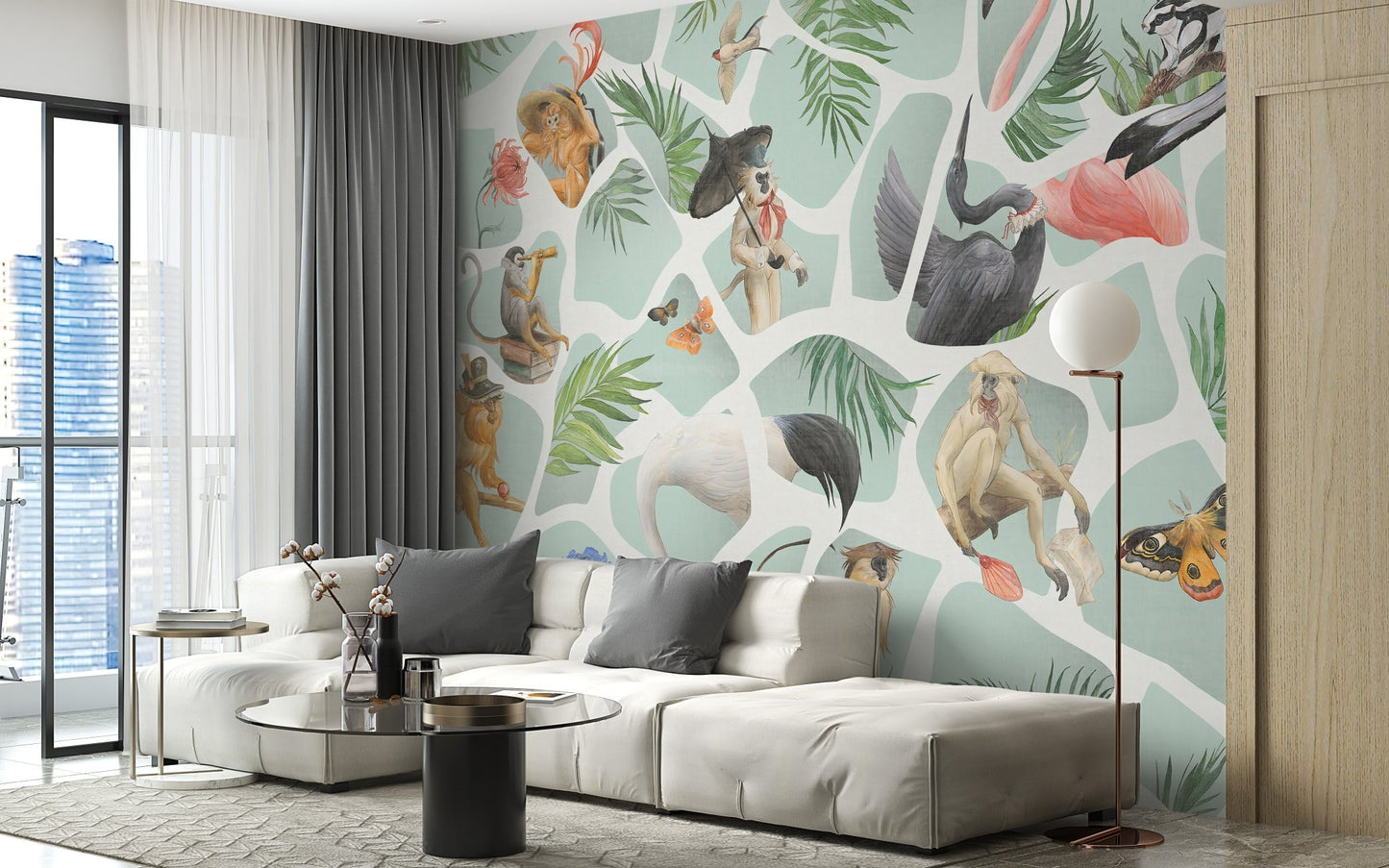 Contemporary living room showing Watercolor Monkey & Birds wall mural.