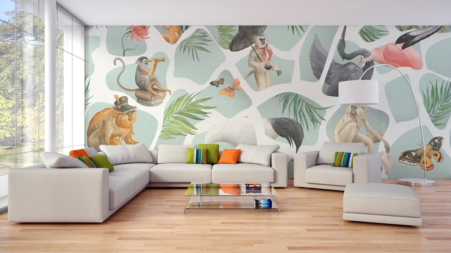 Large sofa in bright living room with watercolor themed wall mural.
