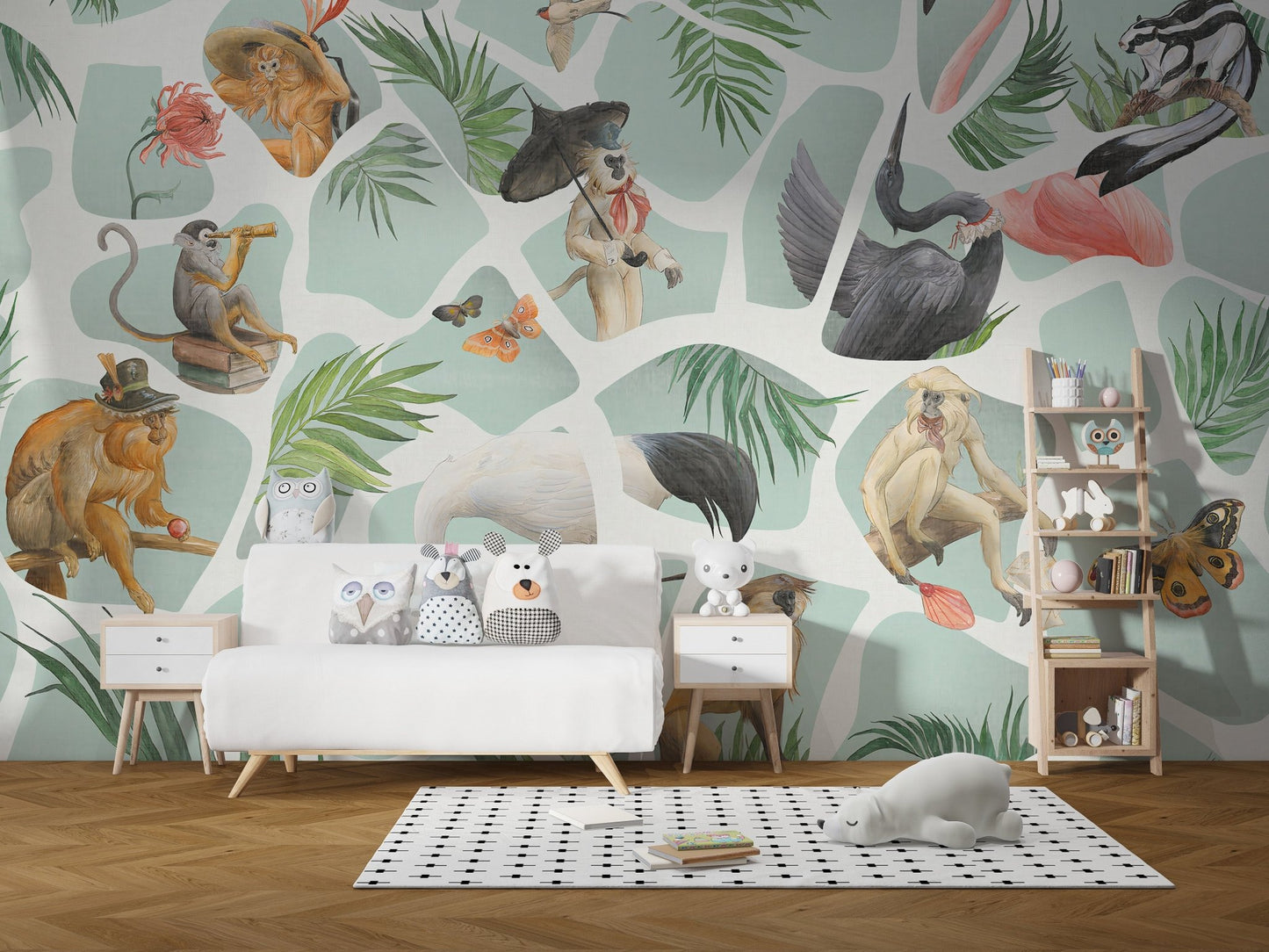 Kids nursery with white crib and monkey pattern wall mural.
