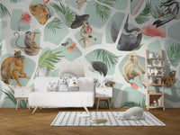 Kids nursery with white crib and monkey pattern wall mural.