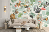 Tropical Wildlife Watercolor Monkey and Birds Wall Mural in neutral living.