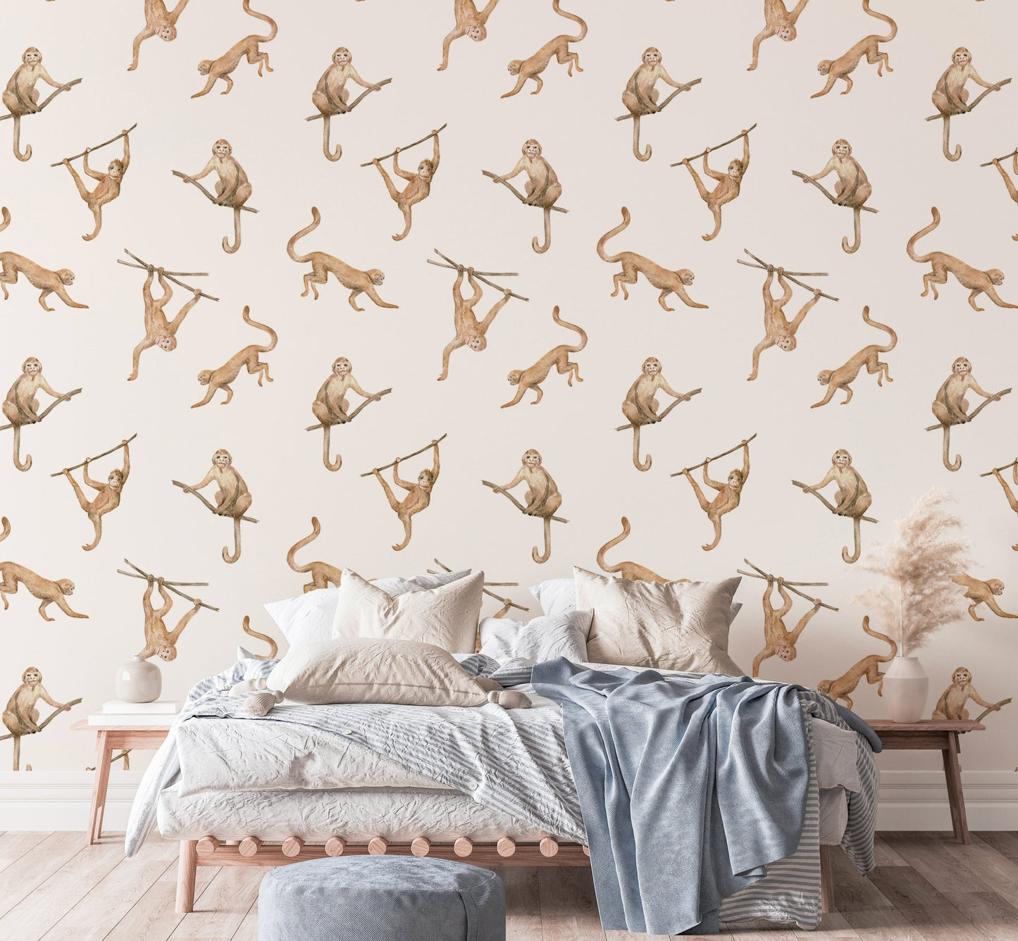 Watercolor monkeys on branches wallpaper in a modern bedroom setting.