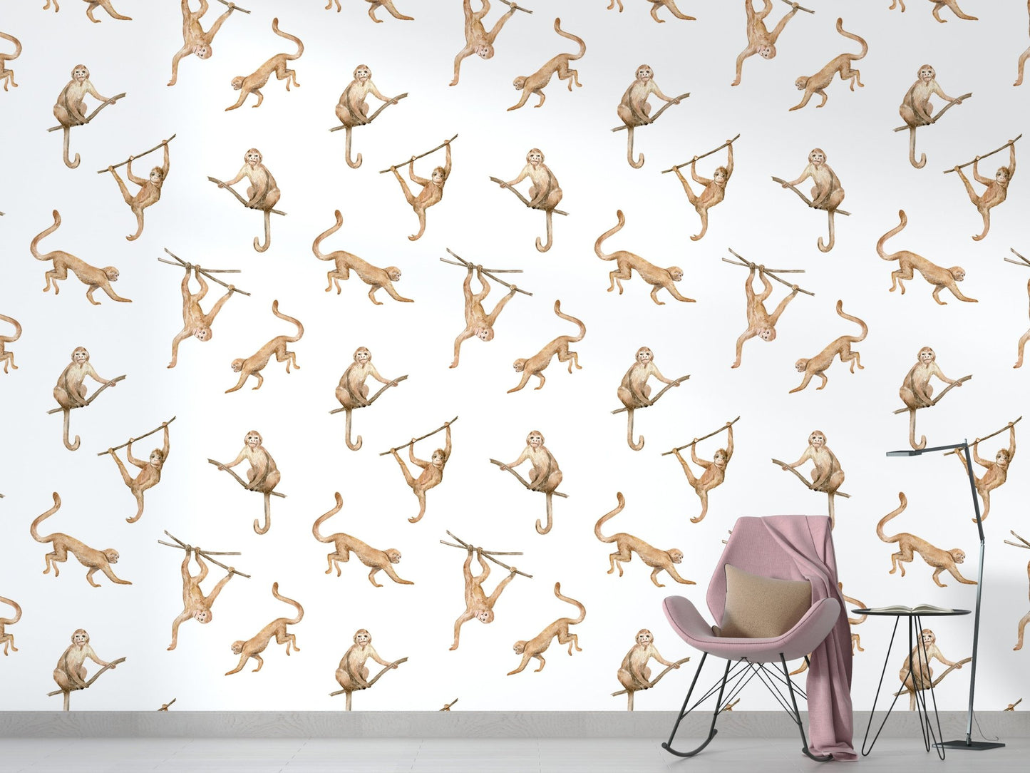 Artistic primate pattern wallpaper in a minimalist living space with a pink chair.
