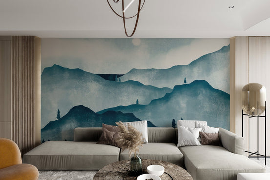 Minimalist watercolor wall mural showing a scenic pine forest under a pale moon.