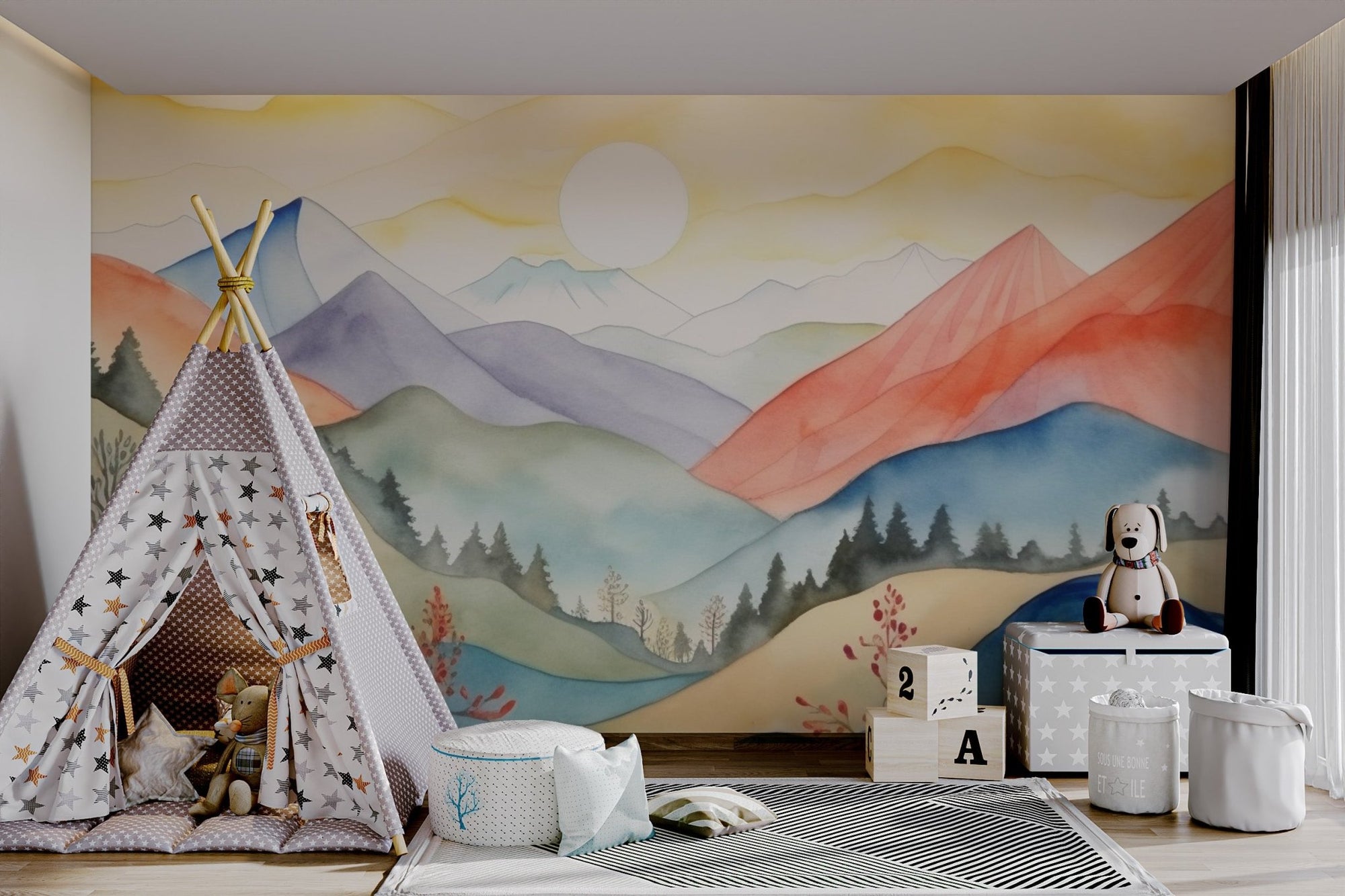 Watercolor mountain landscape wallpaper with a bright yellow sun.
