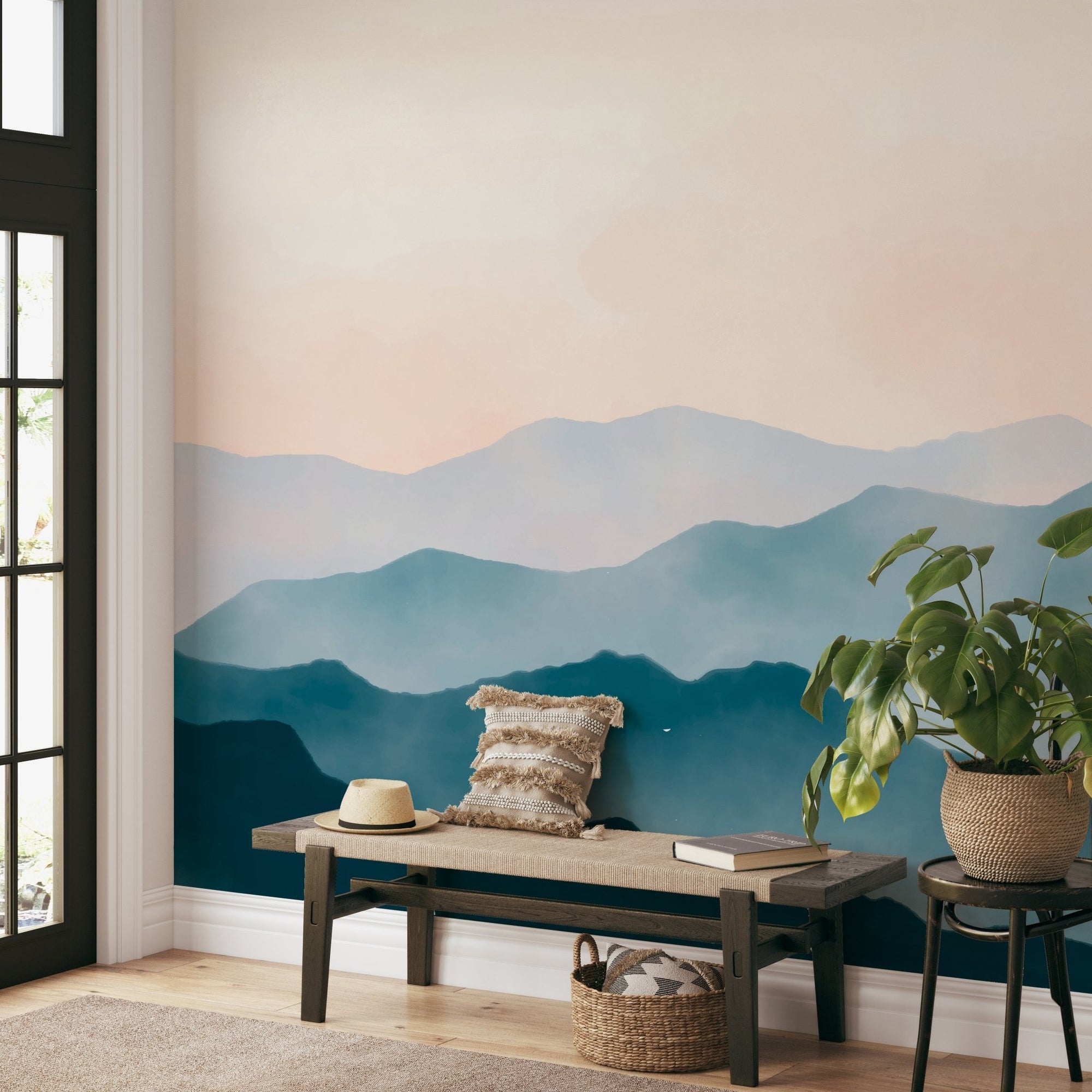 Watercolor mountain landscape wallpaper with misty teal and blue peaks mural.