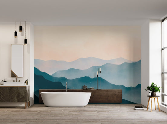 Ethereal fog covered mountain wallpaper in a contemporary painting style.