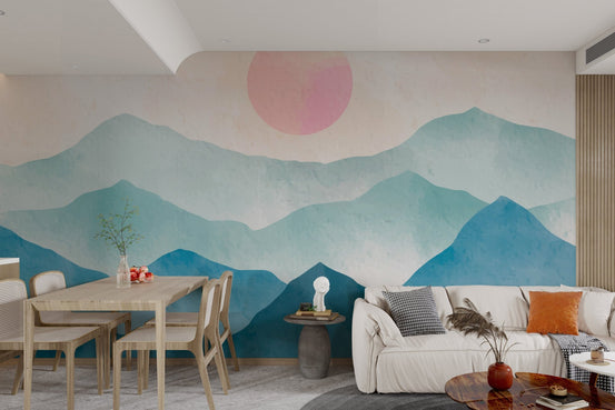 Artistic landscape mountain wall mural in watercolor style.