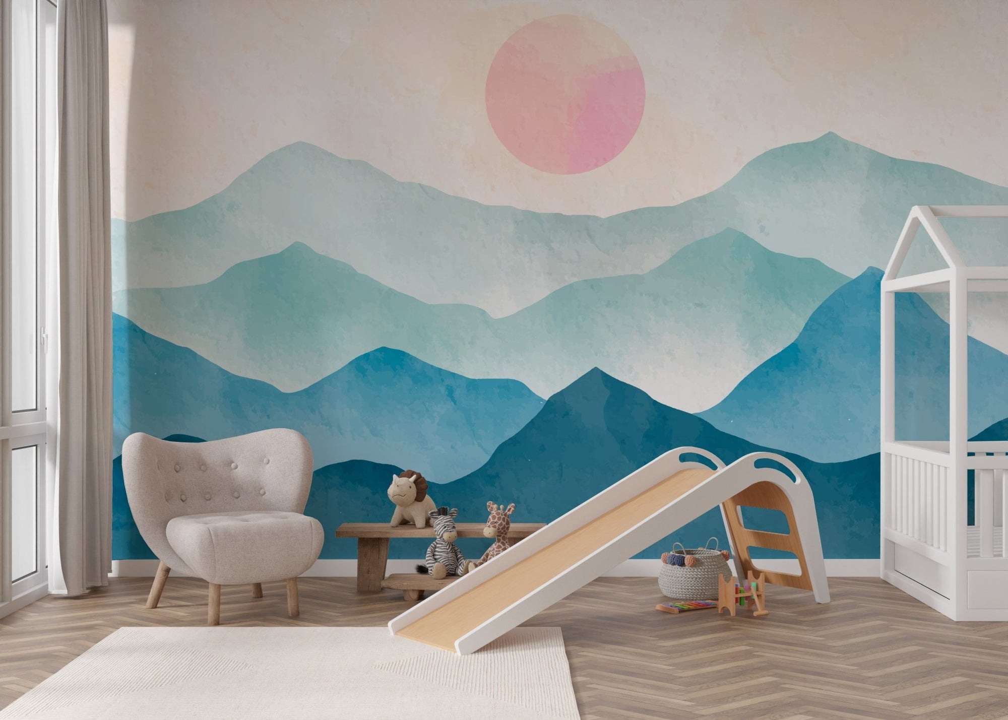 Watercolor mountain wallpaper with blue layered peaks.
