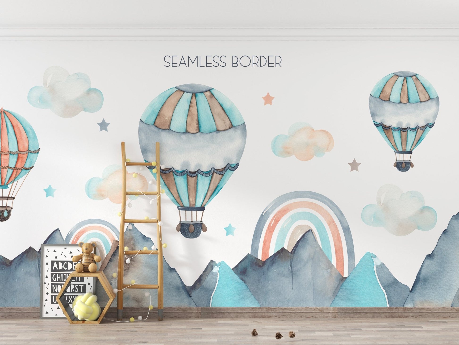 Watercolor balloons mural set against a serene nature backdrop.
