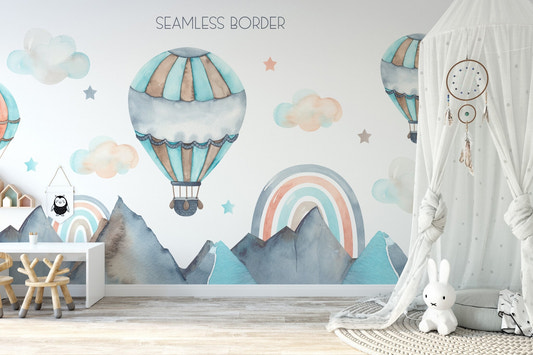 Hot air balloon wall mural in a kids bedroom with wooden toys.