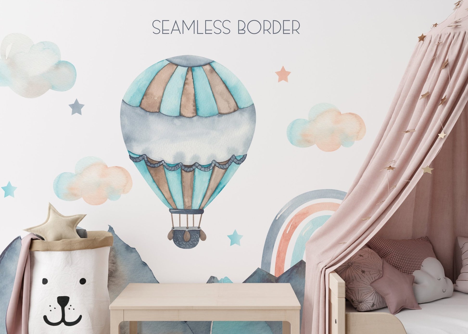 Artistic nature view mural with watercolor and balloon elements.
